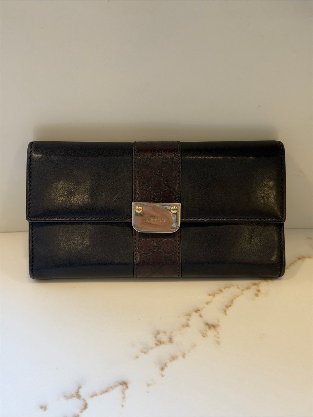 Gucci Black Leather Continental Wallet with Brown GG Strap